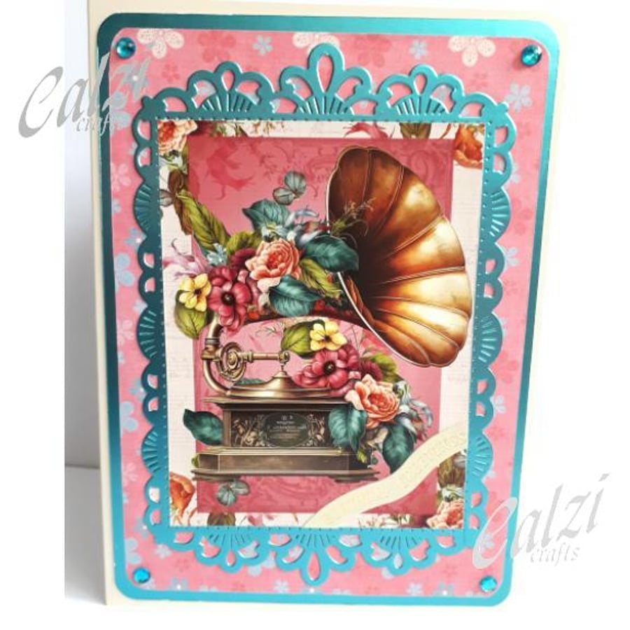 Gramaphone & Flowers Birthday Card