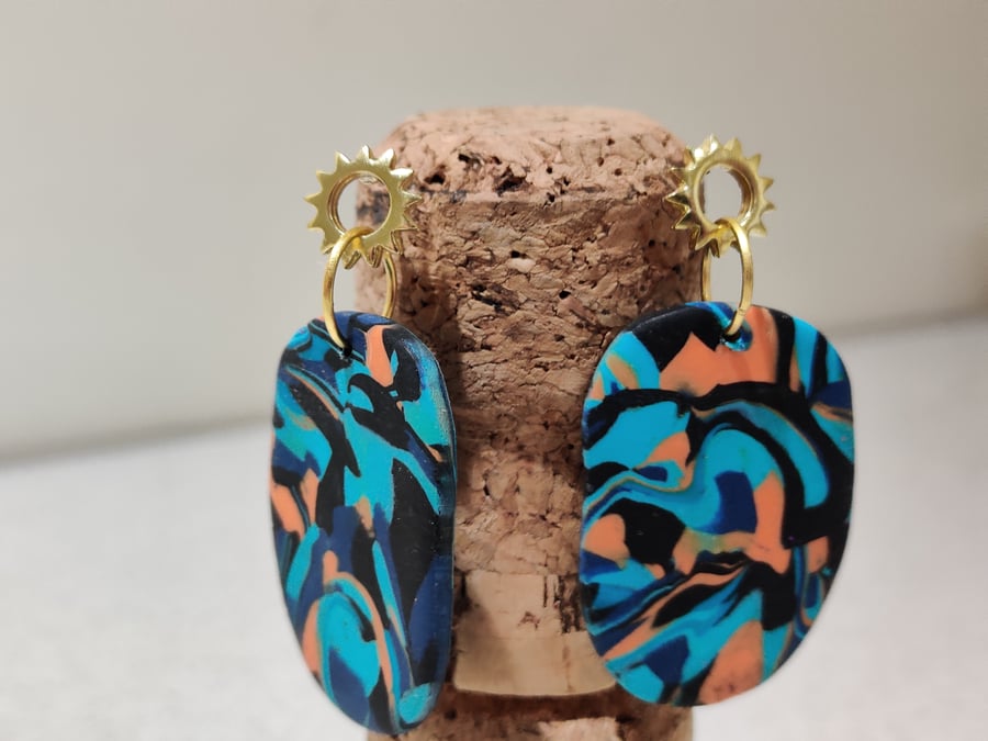 Orange blue abstract dangle polymer clay earrings