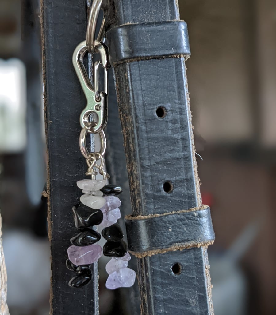 Amethyst and black tourmaline bridle charm for relaxation and protection