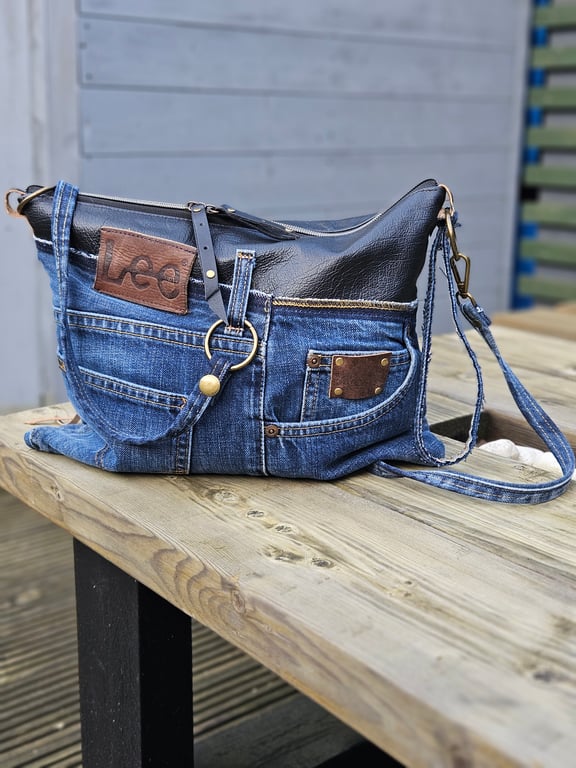 Upcycled Jeans Crossbody Bag with Leather Top, Double Zip, Ant Print Lining, 