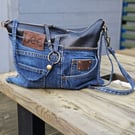 Upcycled Jeans Crossbody Bag with Leather Top, Double Zip, Ant Print Lining, 