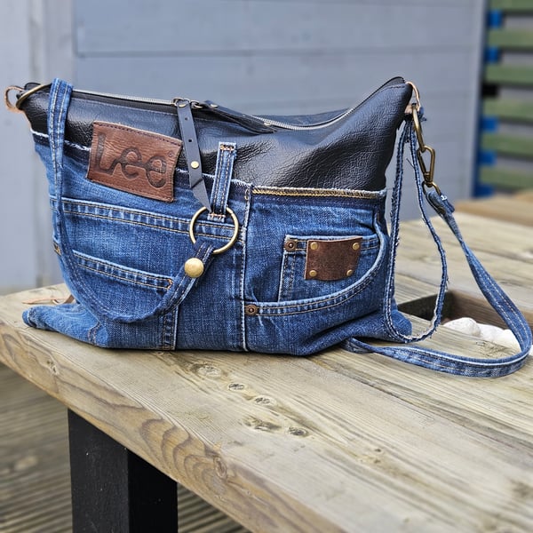 Upcycled Jeans Crossbody Bag with Leather Top, Double Zip, Ant Print Lining, 