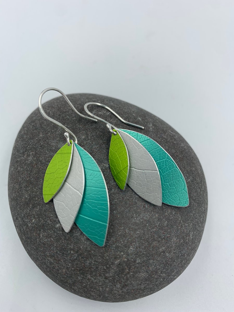 Aluminium layered parrot wing earrings teal lime green
