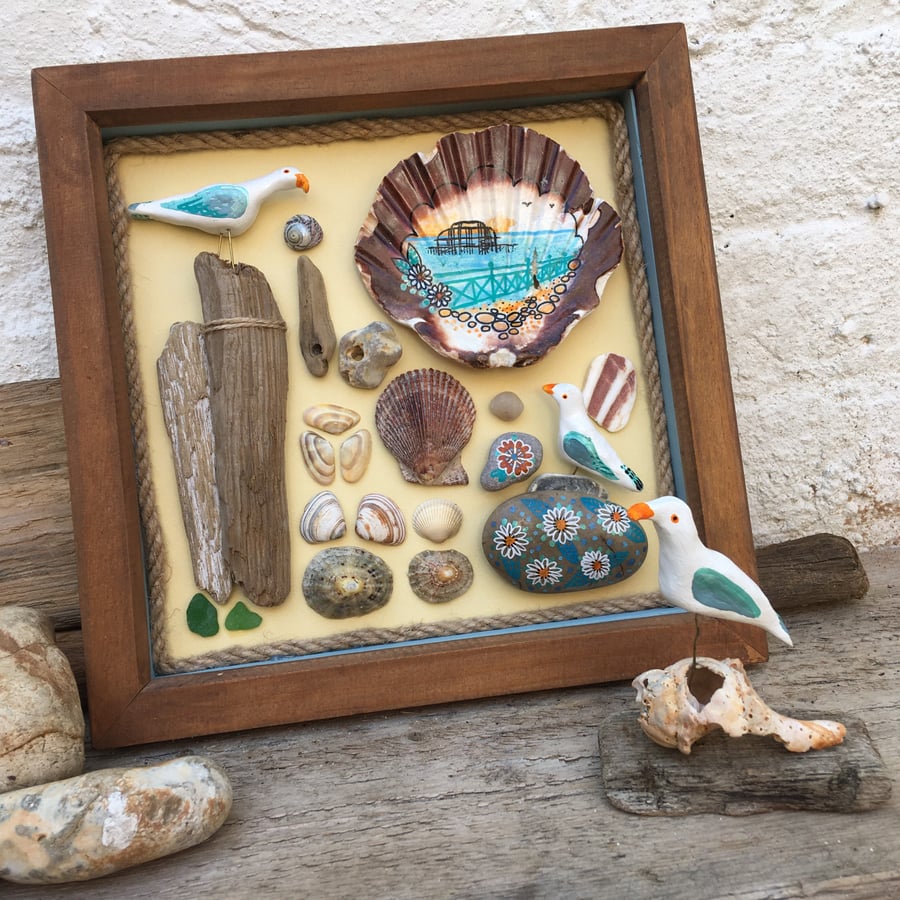 Brighton West Pier Beach Art Pebble, Shell, Driftwood Art In Wooden Frame Beach 