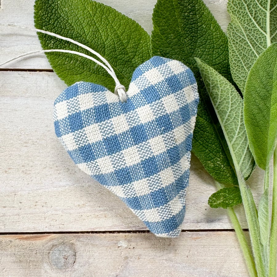 MINI HEART DECORATION - azure blue gingham checks, with lavender