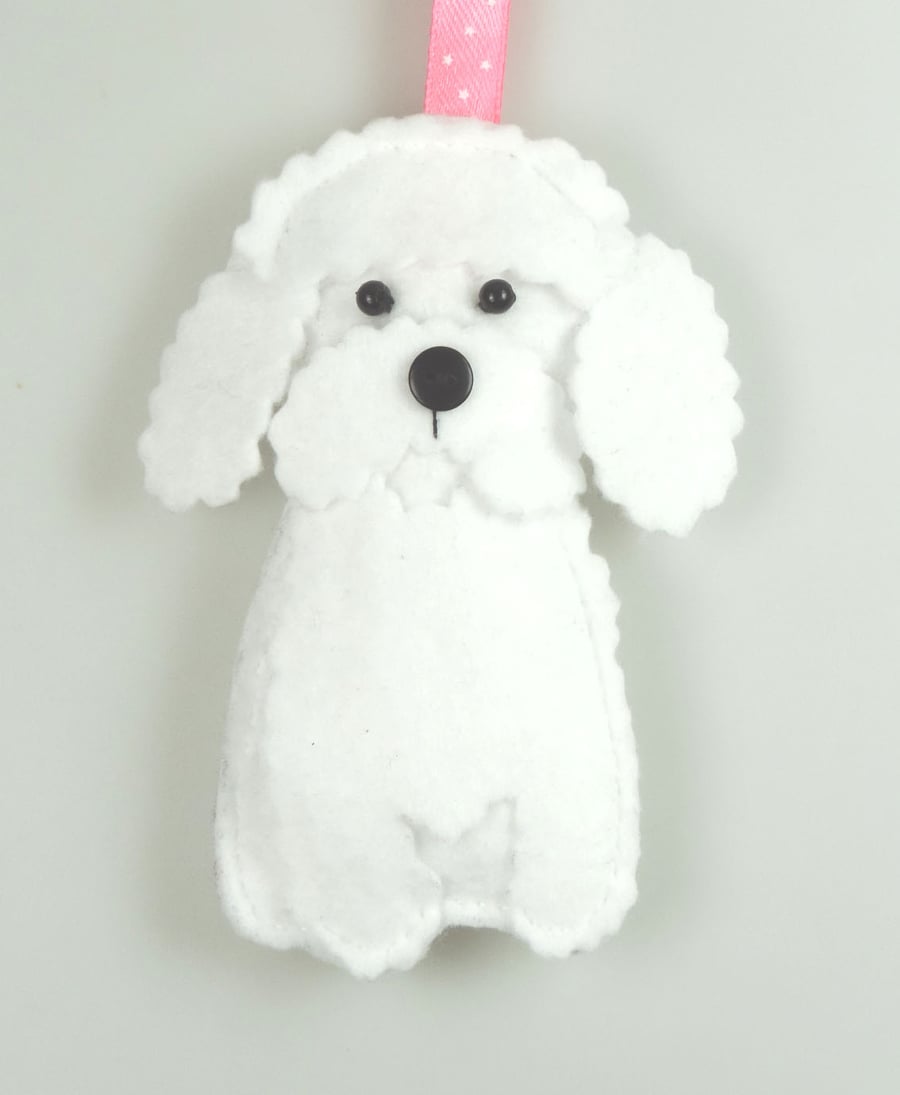 Bichon Frise Felt handmade dog, Hanging decoration, Twig Tree, Cute button nose 