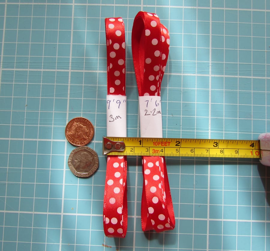 Red Satin Ribbon with White Polka Dots 