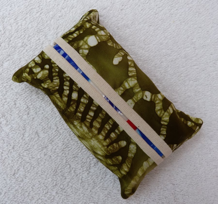 Travel Tissue Holder in Green and White Batik Print Cotton Fabric.