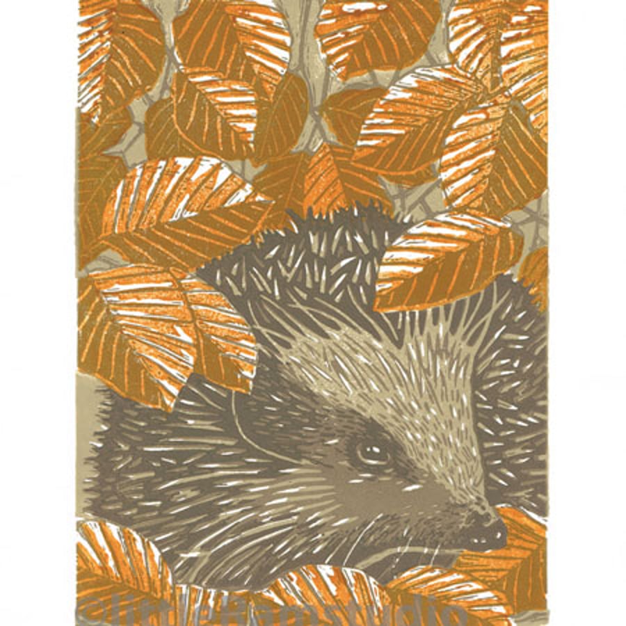  Hedgehog - Autumn - Limited Edition Linocut Print