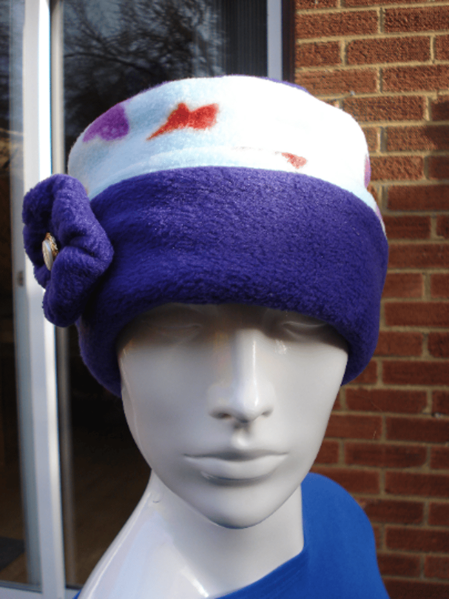 Fleece Pill Box Hat Purple and Pale Blue With Butterflies (R267)