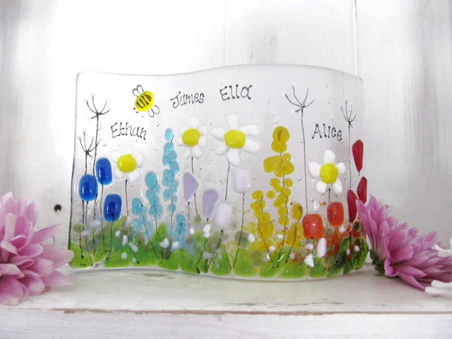 Personalised Mother's Day Fused Glass Wave Gift (Daisy Meadow) - Made to Order