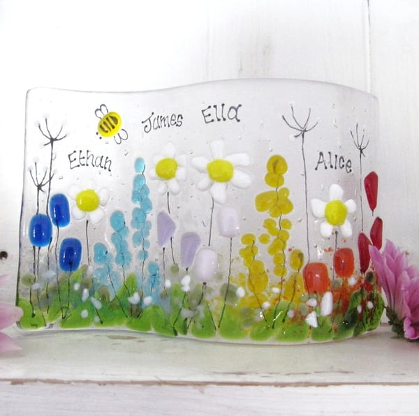 Personalised Mother's Day Fused Glass Wave Gift (Daisy Meadow) - Made to Order