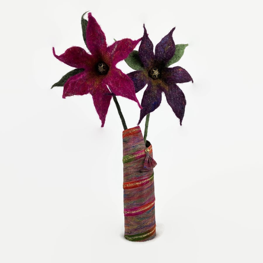 Handmade silk paper green and pink spiral vase