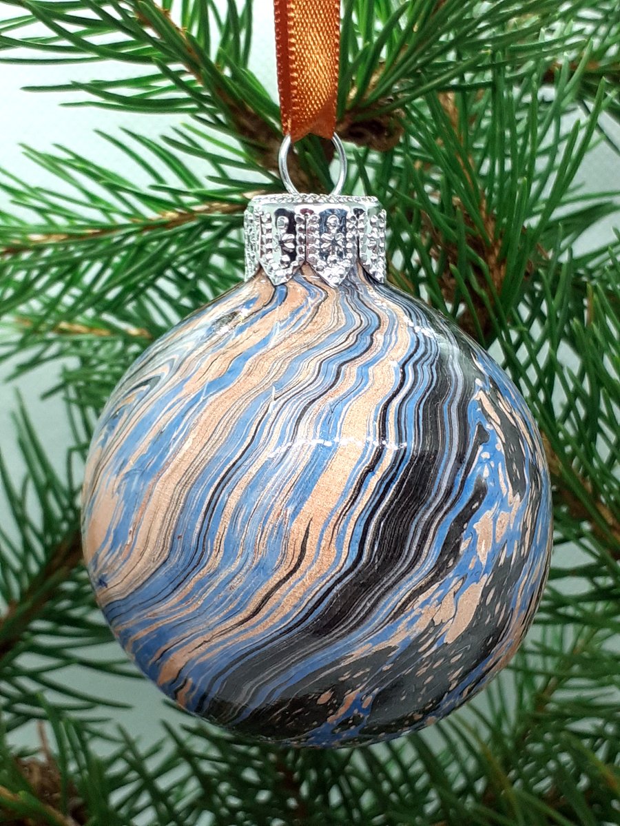 Christmas bauble blue and copper marbled ceramic round decoration ooak