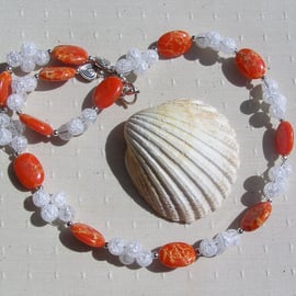 Orange Sea Sediment Jasper & Crackled Clear Quartz Gemstone Statement Necklace