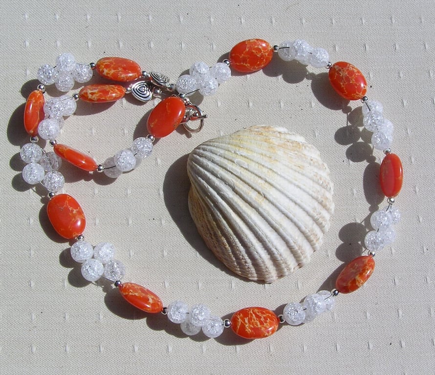 Orange Sea Sediment Jasper & Crackled Clear Quartz Gemstone Statement Necklace