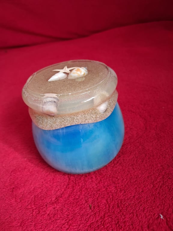 Handmade 'seaside' epoxy resin decorative pot with screw lid.