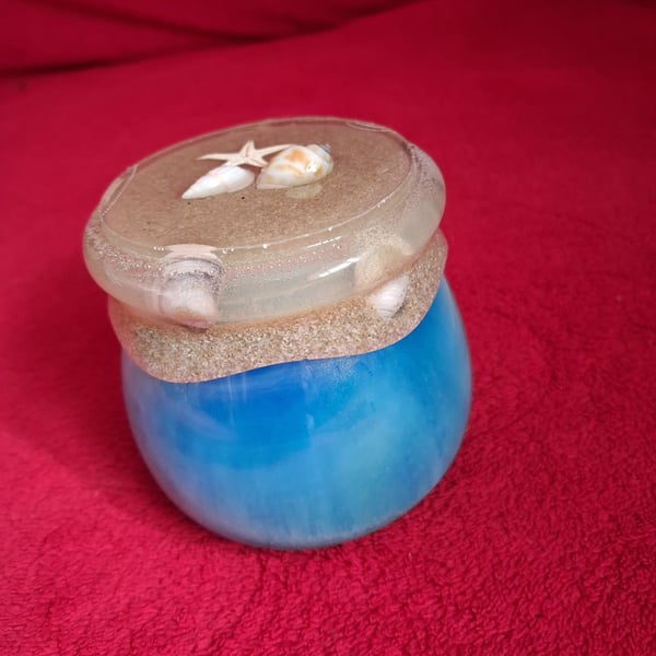 Handmade 'seaside' epoxy resin decorative pot with screw lid.