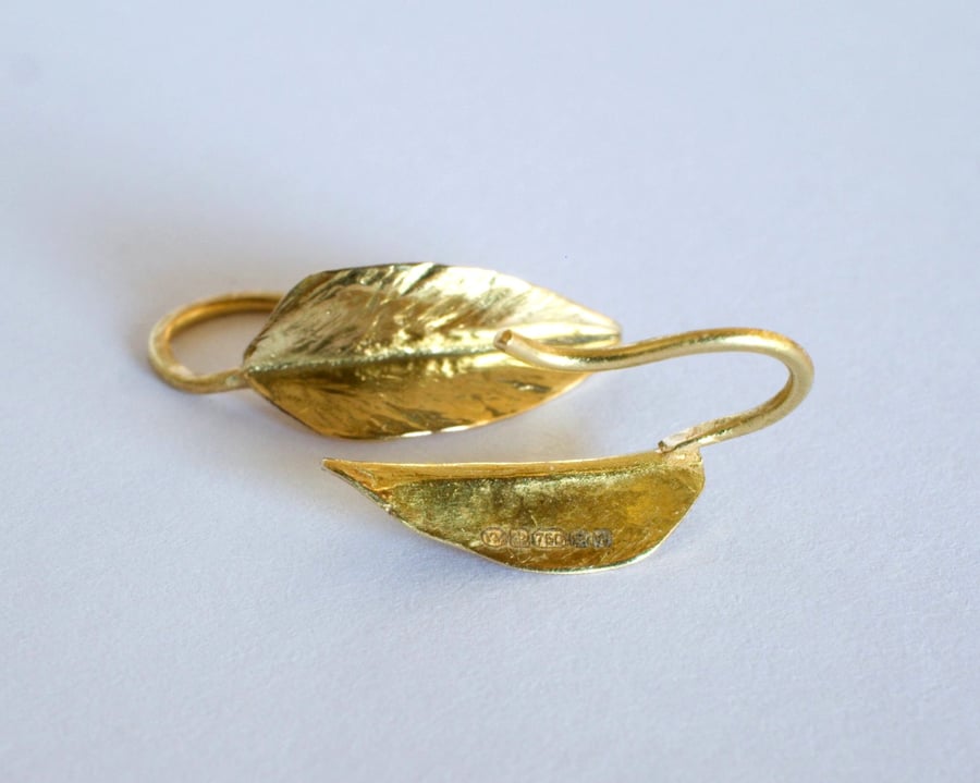 18ct Gold Earrings: Handmade Folded Leaf with Hallmark
