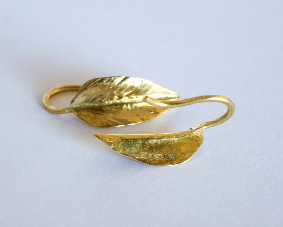 18ct Gold Earrings: Handmade Folded Leaf with Hallmark