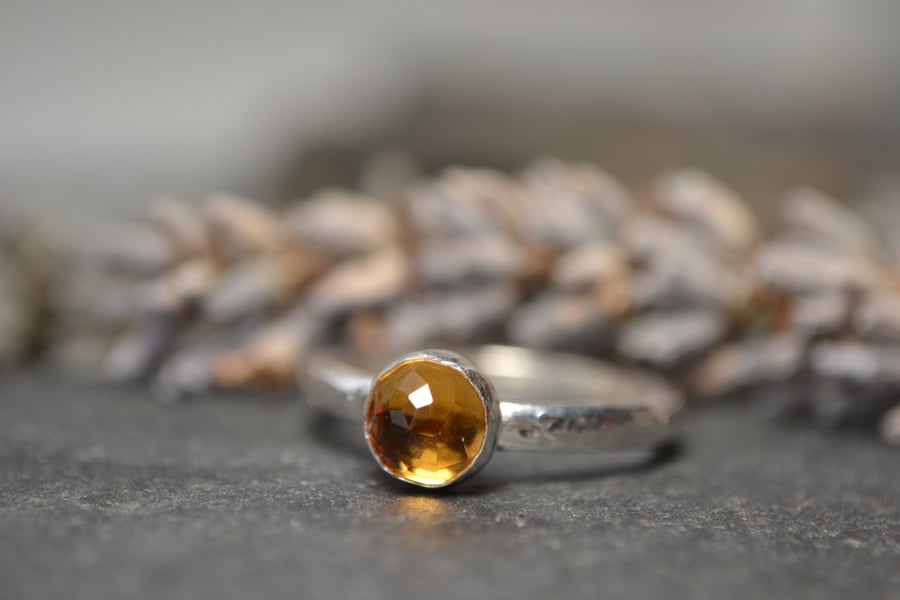 Citrine rose cut stone, and sterling silver ring - November birthstone