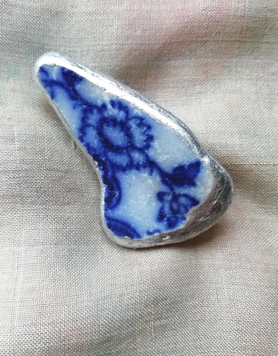 Blue, beach pottery brooch. 