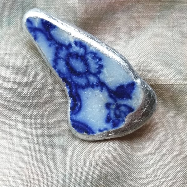Blue, beach pottery brooch. 