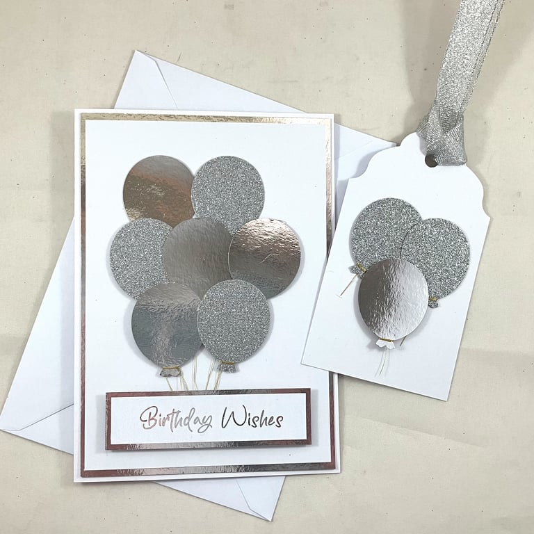 Handmade silver balloons birthday card with matching gift tag