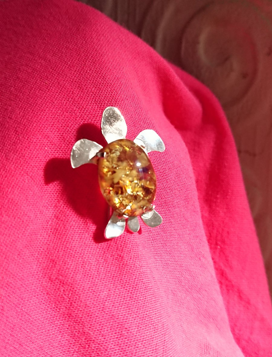 Silver Turtle Brooch with Opal Glass