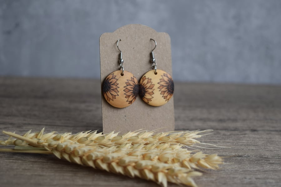 Wooden Pyrography Earrings -Sunflowers MTO