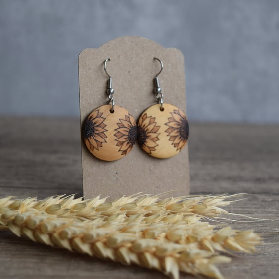 Wooden Pyrography Earrings -Sunflowers MTO