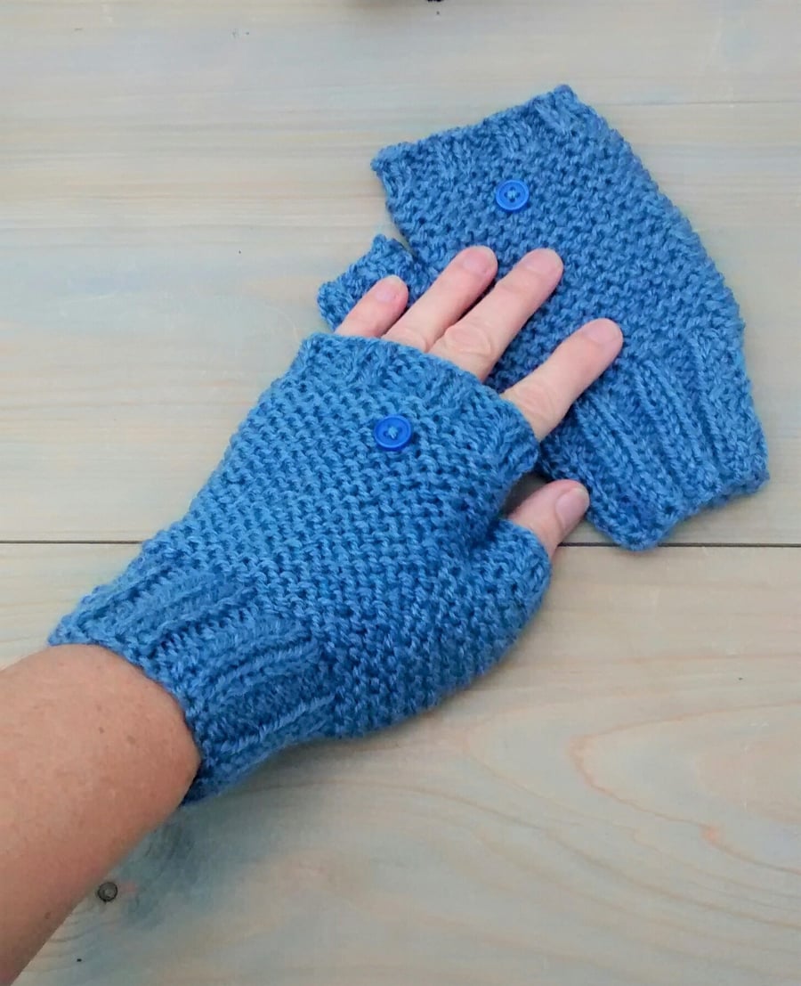 Fingerless Gloves, Denim Blue Aran Gloves