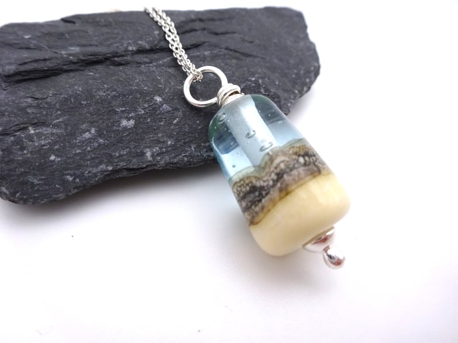 lampwork glass blue beach pendant necklace, sterling silver chain 