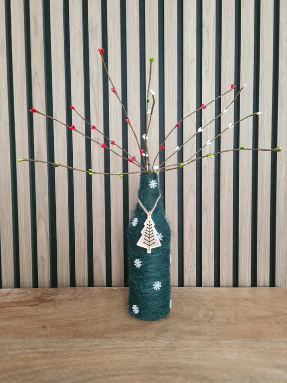 Festive Green Yarn Wrapped Bottle With Snowflakes and Christmas Tree Decor