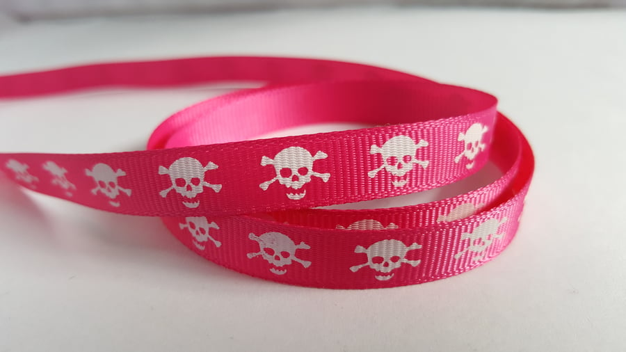 3m Ribbon - Printed Grosgrain - 9mm - Skull & Crossbones - Bright Pink 