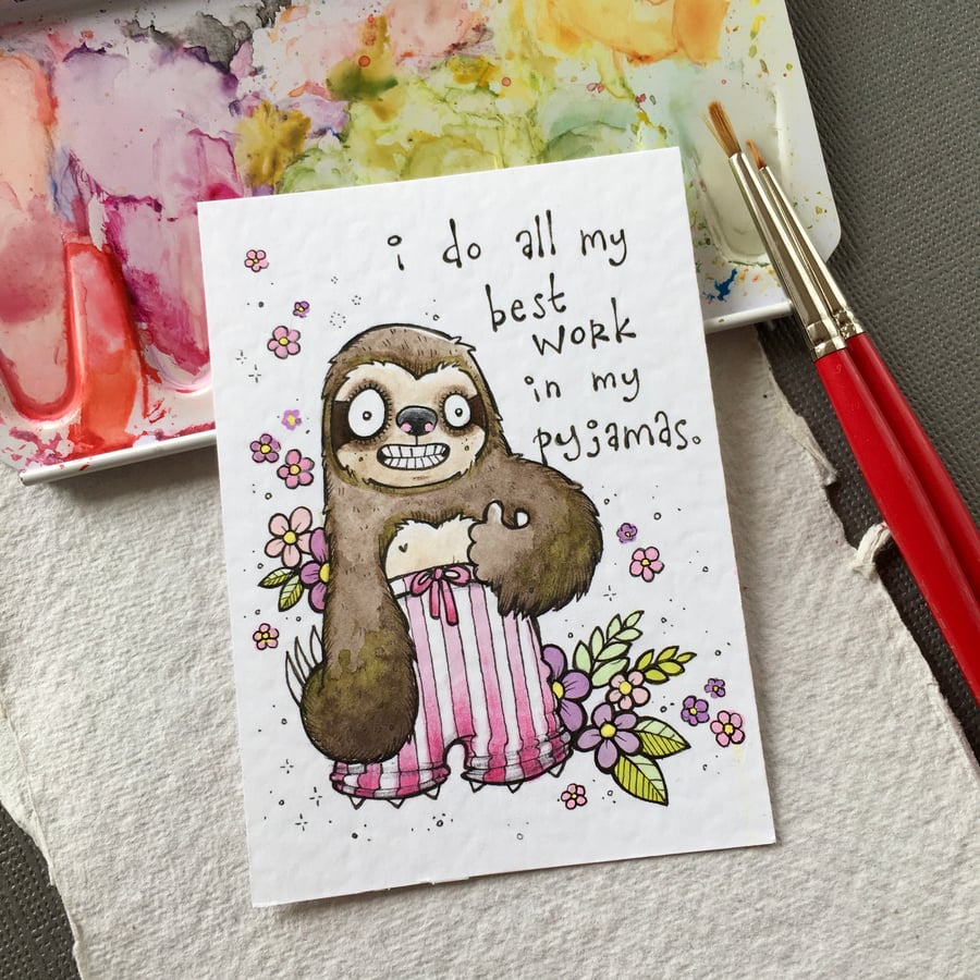 pyjama sloth - original aceo