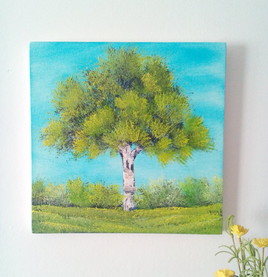 Original Oil Painting, Green Tree & Blue Sky