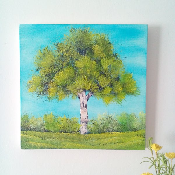 Original Oil Painting, Green Tree & Blue Sky