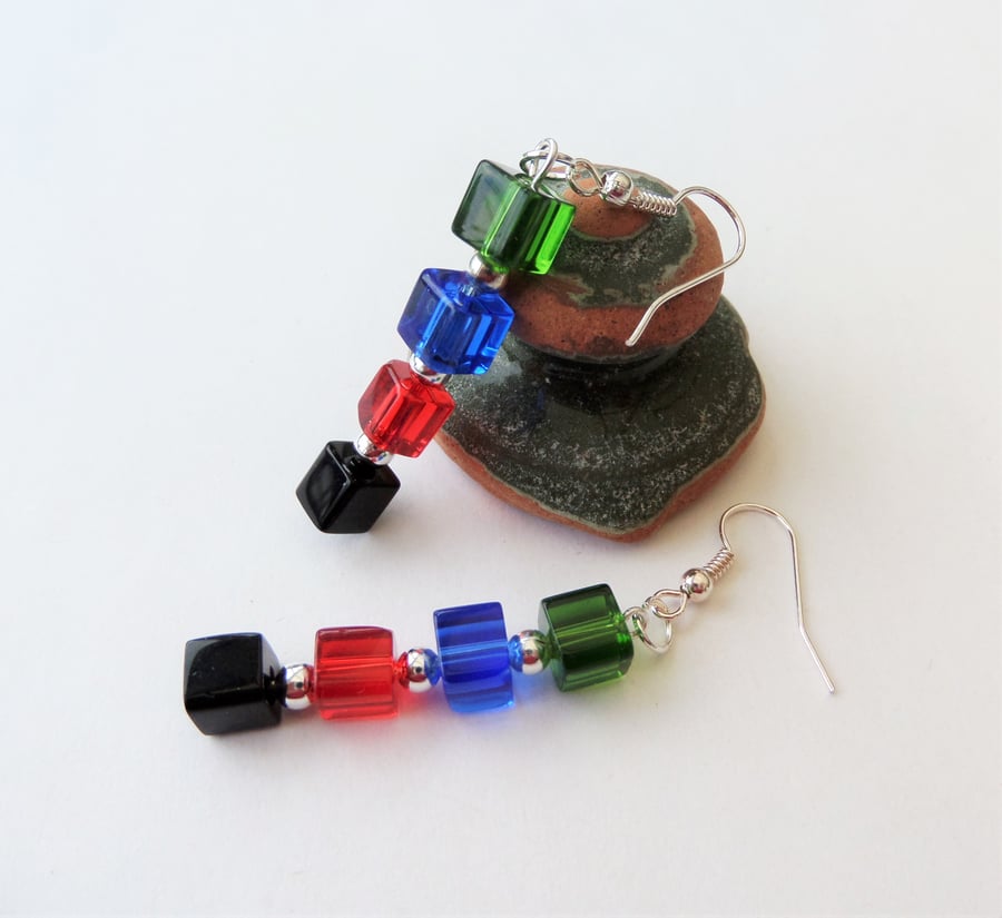 Multicoloured cube dangle bead earrings