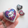 freehand embroidered skull heart textile brooch - purple