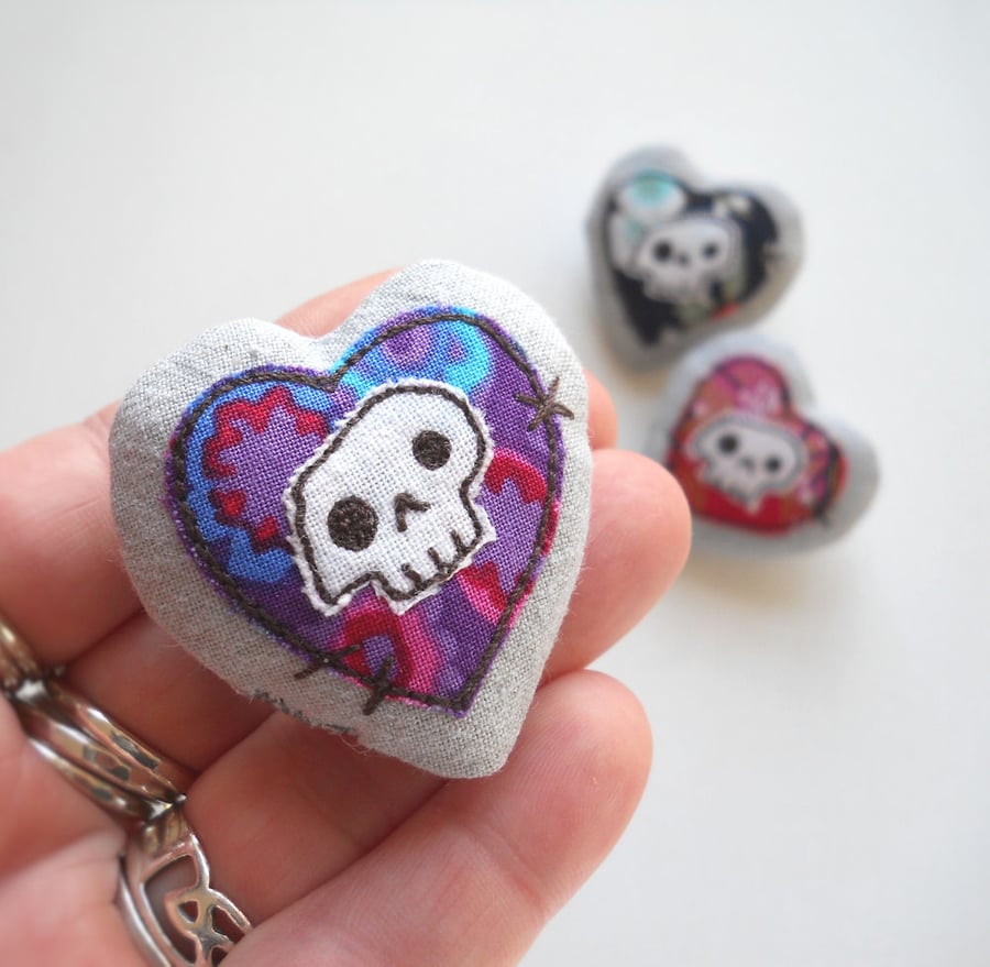 freehand embroidered skull heart textile brooch - purple