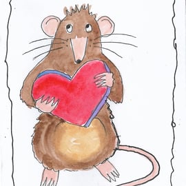 Mouse and Love Heart Valentine Card. Print. Blank inside 