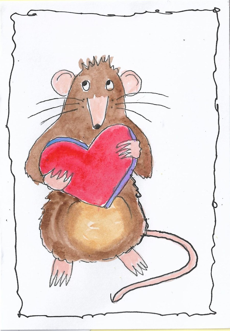 Mouse and Love Heart Valentine Card. Print. Blank inside 