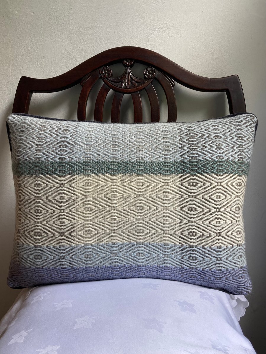 Errol Cushion: Blue mix, Grey with a dash of green. Handwoven in Wales