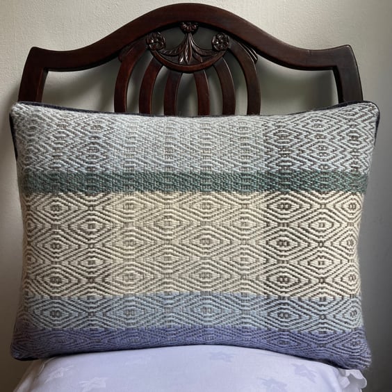 Errol Cushion: Blue mix, Grey with a dash of green. Handwoven in Wales