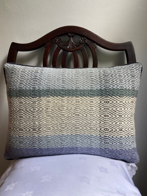 Errol Cushion: Blue mix, Grey with a dash of green. Handwoven in Wales