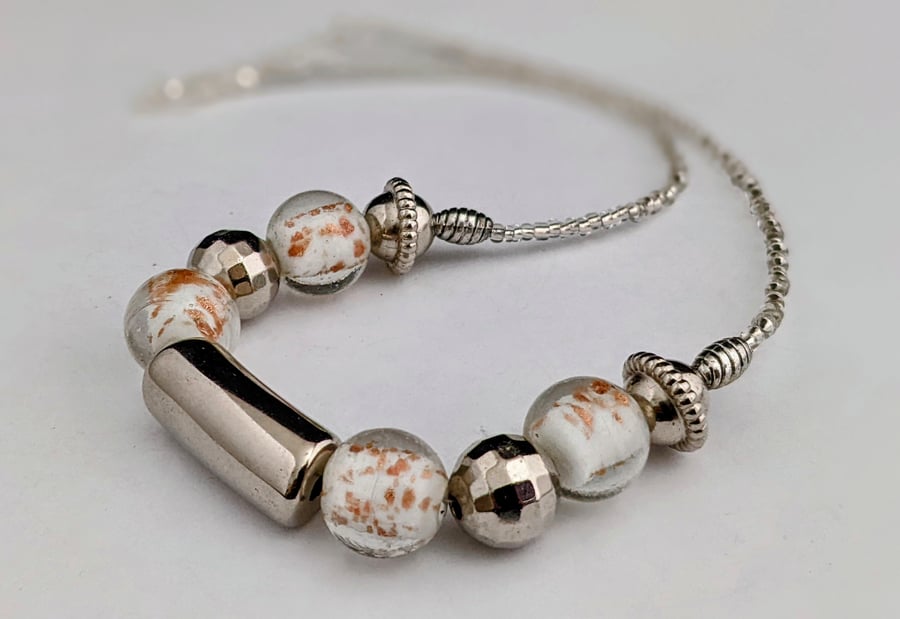 White lampwork and silver bead necklace - 1002454