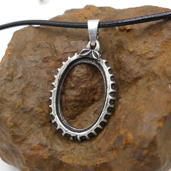 Recycled Sterling Silver Empty Frame Pendant Waxed Cotton Cord Necklace.