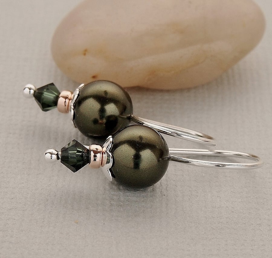 Dark Green Pearl earrings - Sterling Silver - S... - Folksy