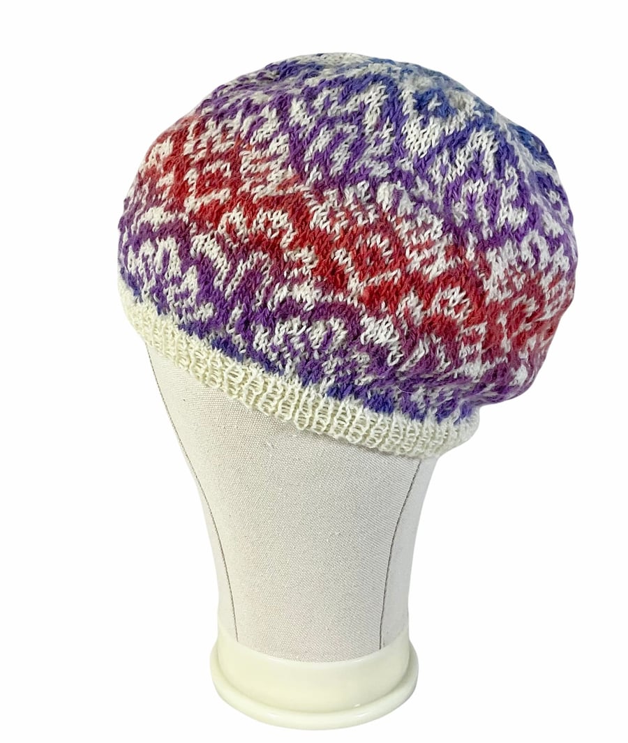stranded hat with a colourful clouds pattern Norwegian rainbow beret, slouchy 